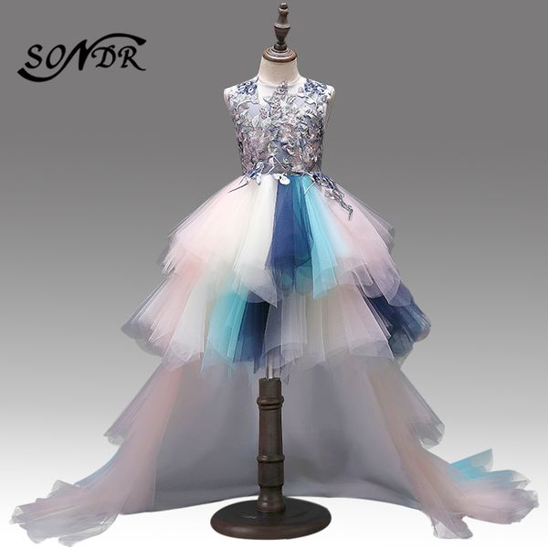 

colorful flower girl dresses ht096 embroidery ruched kids communion party decorations lace up high low ball gowns for girls, Red;yellow