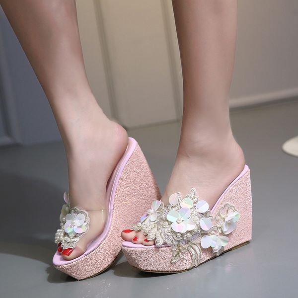 

summer slipper beaded flowers platform wedges women slippers fashion flip flops bohemian national style women sandals, Black