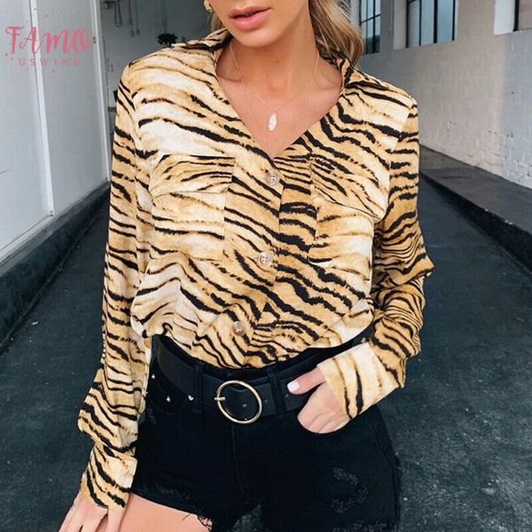 

spring autumn vintage womens and blouses long sleeve tiger striped chiffon blouse women streetwear shirts tunic ladies, White