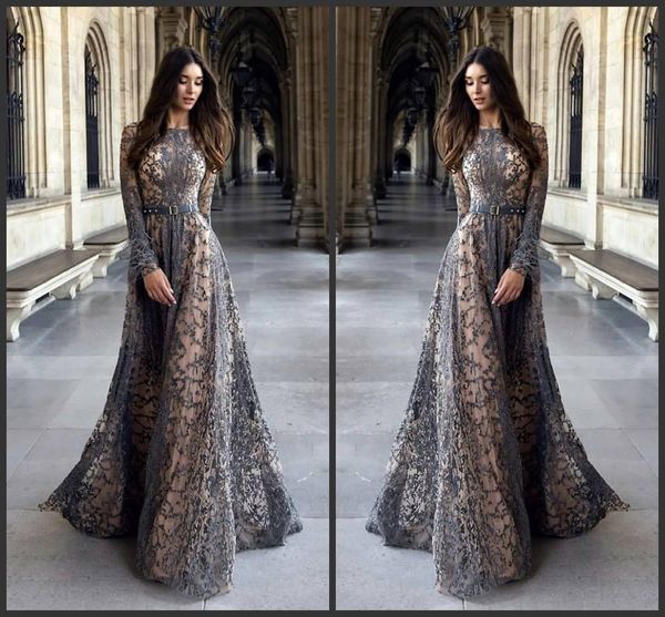 

2019 new arrival a line lace long sleeve muslim evening dresses formal dresses evening gowns sleeves arabic long party prom dresses, Black;red
