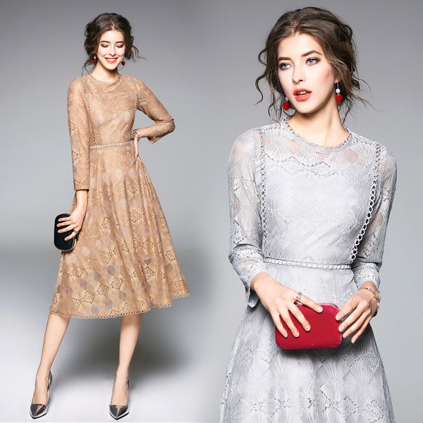 

elegant lace long sleeve slim tunic midi dress vintage office party fashion beach dress 2019 spring clothing gray khaki, Black;gray