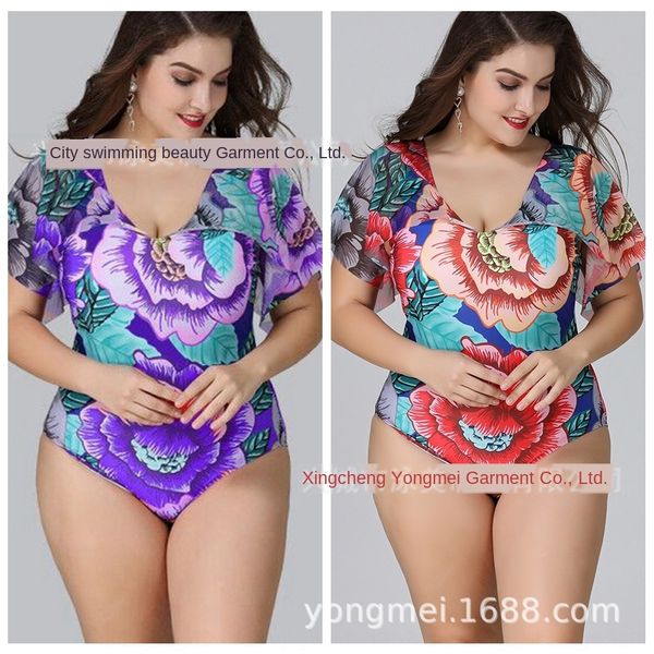 

conservative conjoined women's fat-woman version plus fat version big red flower swimsuit u-shaped back-leaking swimsuit, White;black