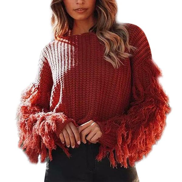 

2019 autumn and winter women casual solid pullover o-neck tassel long sleeve loose sweaters blouse pull femme a60, White;black