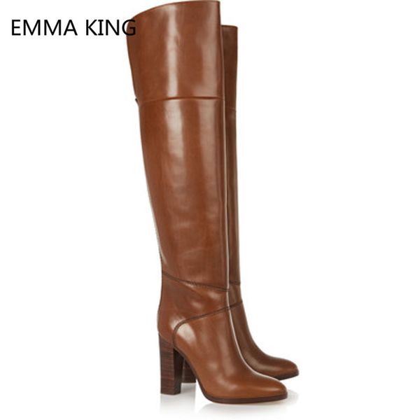 

vintage brown leather block heels over the knee boots women pointed toe high heels shoes woman winter thigh high cowboy boots, Black