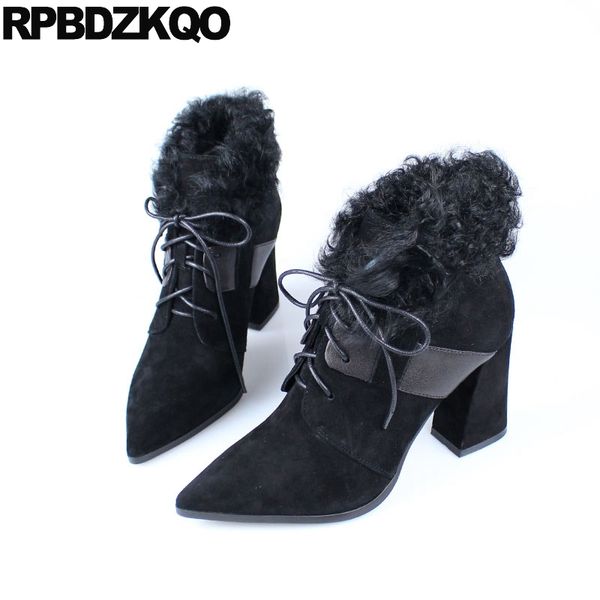 

suede shoes women winter boots genuine leather ankle pointed toe black chunky 2019 heel lace up sheepskin new