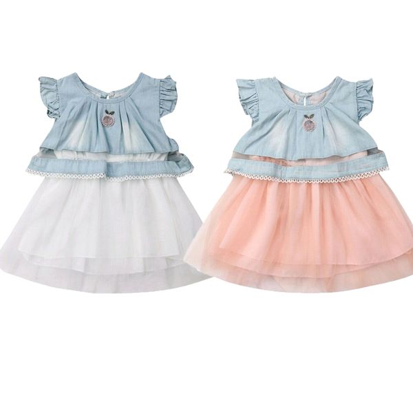 

младенческая малышей малышей baby girl denim платье принцессы оборки рукава цветочный тюль sundress пачка платье 0-4y, Red;yellow