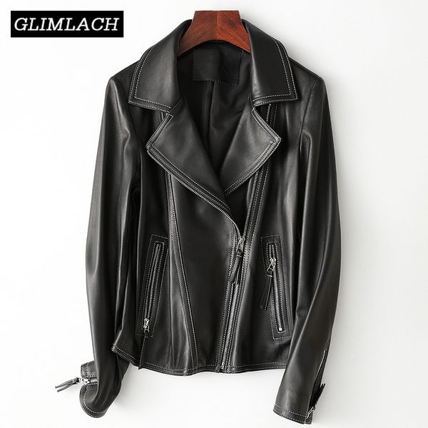 

2019 new ladies real sheep leather jacket quality lambskin black slim fit genuine leather coat lapel motorcycle outerwear women