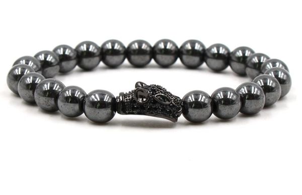 

8mm xg3 silver gold copper leopard head micro pave cz zircon cubic zirconia bracelet hematite bead buddha yoga bangles, Golden;silver