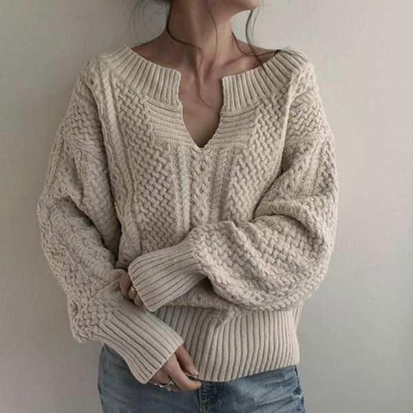 

warm thick sweater 2019 women's korean style pullover sweaters leisure loose oversize plain sweaters v-neck street knitted, White;black