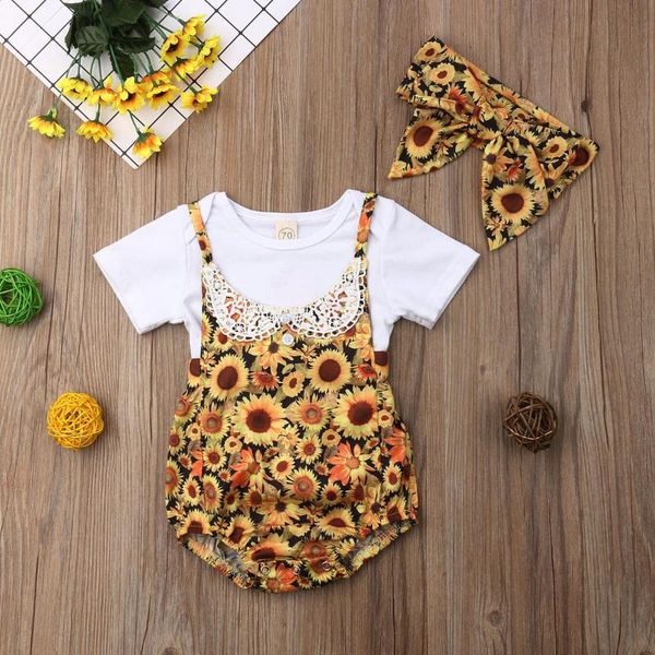 

3pcs baby girl clothes sunnflower short sleeve t-shirt +suspend short+headband newborn clothes outfit summer infant clothing, White