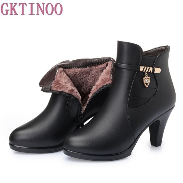 

2018 new fashion genuine leather women ankle boots high heels zipper shoes warm fur winter boots for women, Black