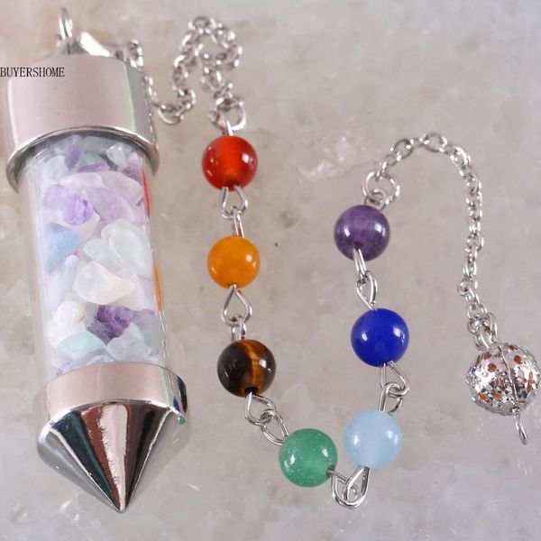 

7 chakra wishing bottle pendulum reiki natural chip stone purple fluorite pendant necklace for women men divination amulet k612, Bronze;silver