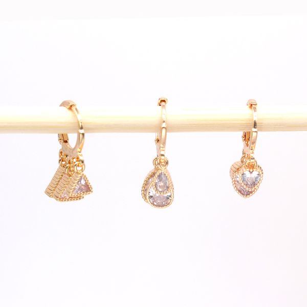 

1pair cute multilayer zircon heart hoop earrings for women european vintage triangle water drop small ear stud jewelry gift, Golden;silver