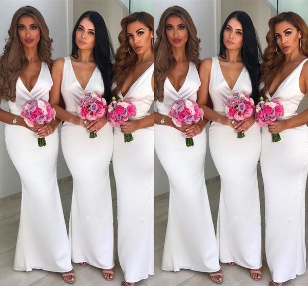 

glamorous white v-neck sleeveless bridesmaid dresses mermaid zipper back 2019 maid of honor dress custom made party dresses on sale, White;pink