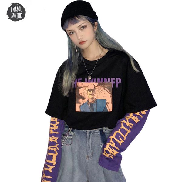 

vintage pullovers 2 pieces character letter long sleeve women sweatshirt hit color o neck long sleeve autumn casual loose female, Black