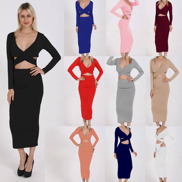 

womens designer fashion dressv-neck hollow long sleeve hip dress 10 colors, Black;gray