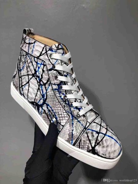 

italy men's sneakers red bottom high shoes genuine leather python graffiti lovers red soles leisure sneakers party, Black