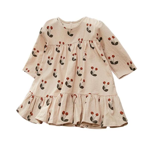

sweet cherry print princess dress delicate design loose long sleeve kids spring lightweight elegant party clothing, Red;yellow