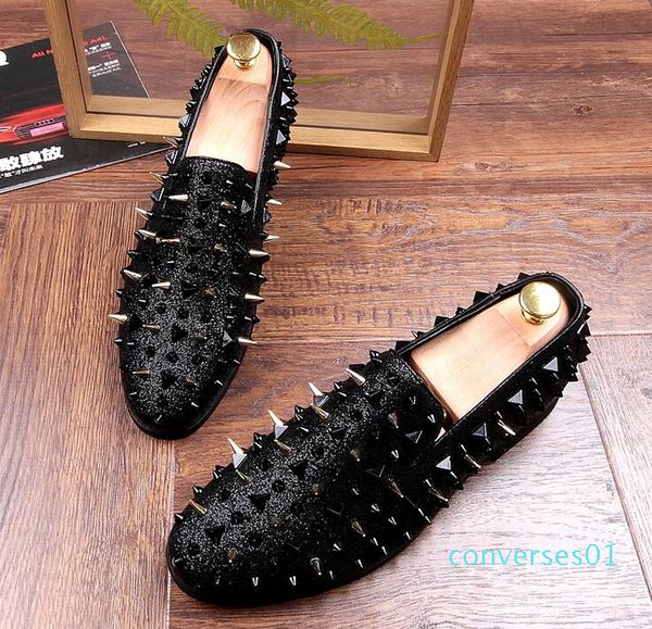 

fashion trendsetter men's studded rivet spike loafers homecoming dress shoes italy male party wedding shoes sapato social co01, Black