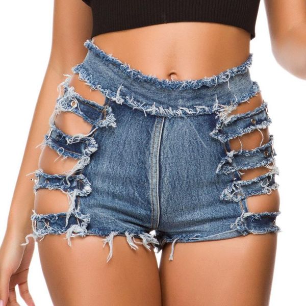 

short jeans hollow out casual mini pants summer denim women hight waist fur-lined button plus size jeans 2020 mg5, Blue