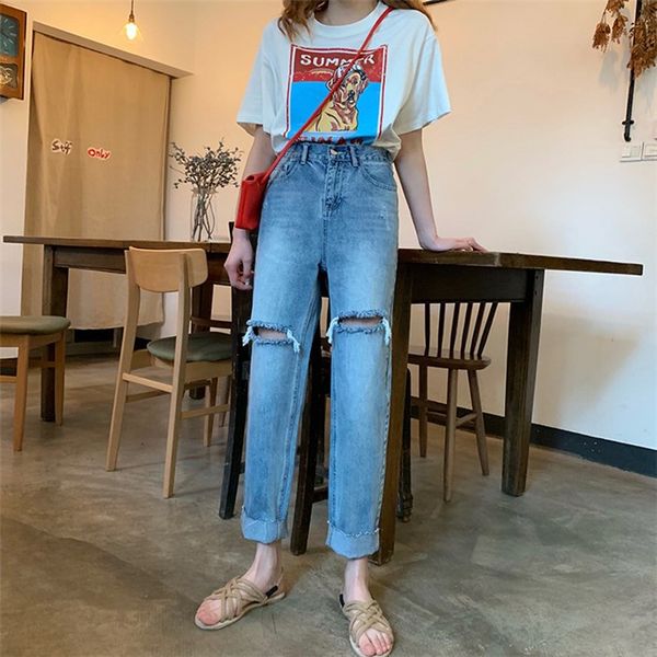 

bgsolid 2019 new fashion summer baggy high-waisted straight leg pants fashion hole roll edge nine-point trousers wide-leg jeans, Blue