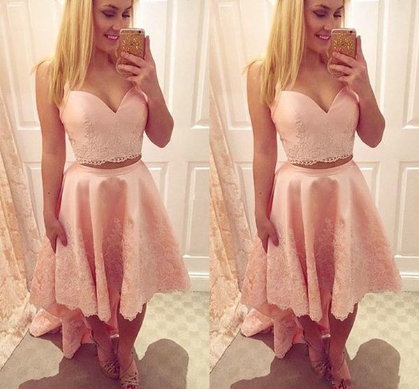 

new lace two pieces homecoming dresses v-neck high-low appliques stylish prom dresses cocktail gown elegant vestidos de fiesta 147, Black