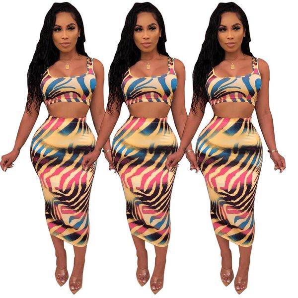 

красочный полосатый сексуальный комплект из 2 частей женский o-образный вырез без рукавов укороченный топ + облегающее платье середины голен, White