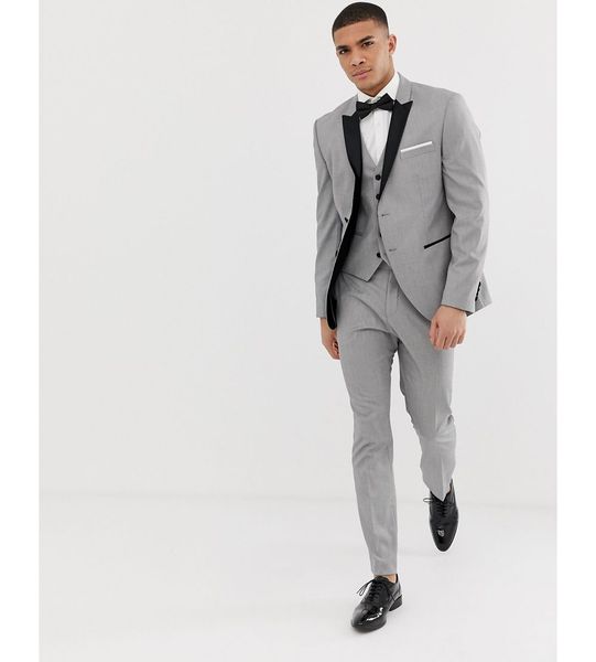 

2020 grey mens suits black lapel slim fit wedding suits for groom / groomsmen prom casual suits custom made (jacket+pants+vest+bow, Black;gray