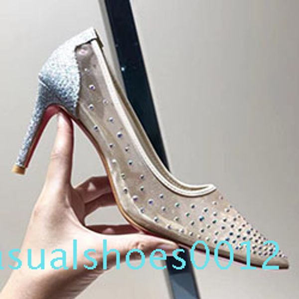 

роскошный дизайнер красные нижние ботинки женщин высокие каблуки 7см 10см ню розовые кожаные остроносые насосы платье обуви горный хрусталь, Black