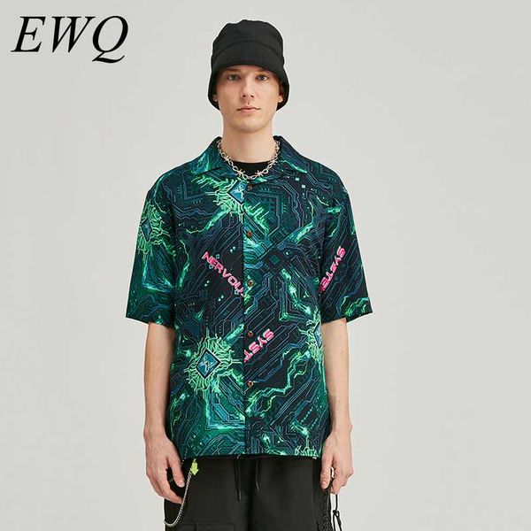 

men's casual shirts ewq / wear 2021 summer tide printing loose short sleeve shirt for male turn down collar causal streetwear 9y1534, White;black