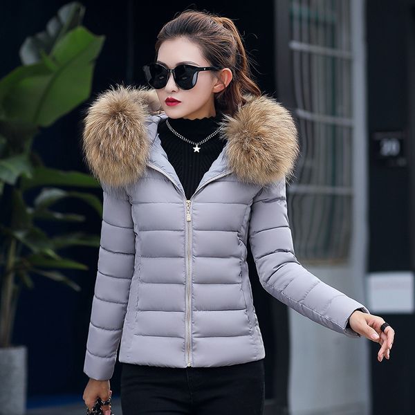 

female coat outwear with fur collar hooded cotton padded winter jacket women short outwear basic jacket womens parkas, Black
