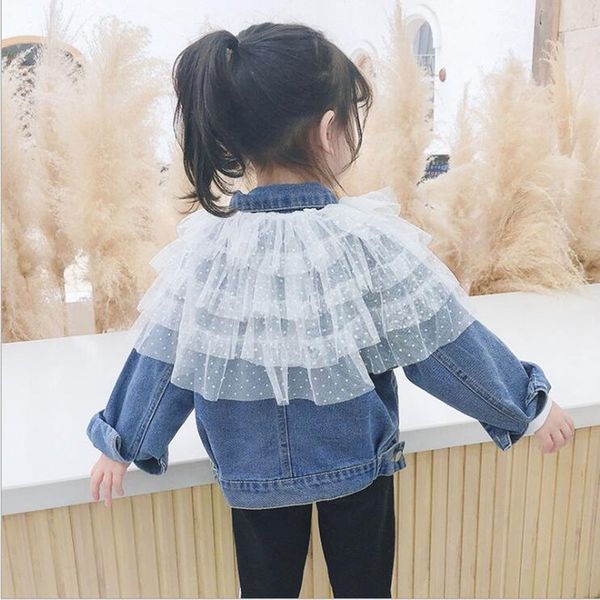 

spring girls blue dots lace turn-down collar denim jackets baby girl outwear girl autumn coat kids clothing, Blue;gray