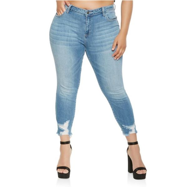 

mens designer large size high elasticity hole washed small feet jeans light blue