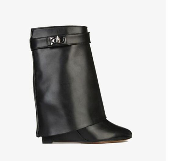 

fashion all kinds of colour genuine leather mid-calf shoes pointed toe women's shoes wedges big size women's boots, Black