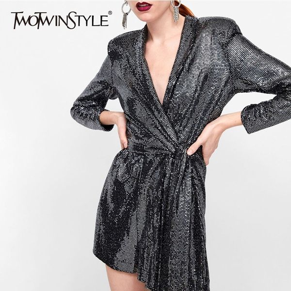 

twotwinstyle patchwork sequins women's jumpsuits v neck long sleeve bandage playsuits female 2019 spring elegant fashion new, Black;white