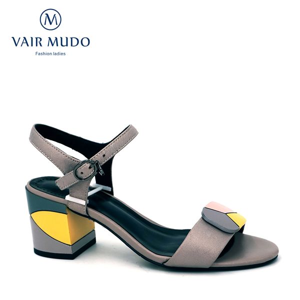 

mudo fashion women sandals genuine vair leather thick heel ankle strap spring summer shoes stitching color occasion lady lx29, Black