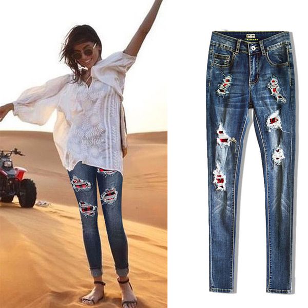 

cotton soft women's stretch denim ripped holes buffalo plaid patches skinny jeans distressed buffalo plaid denim pants, Blue