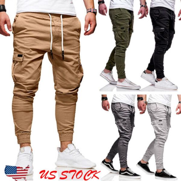 

men gym cargo combat trousers tracksuit skinny joggers sweat track pants male casual pencil pants, Black