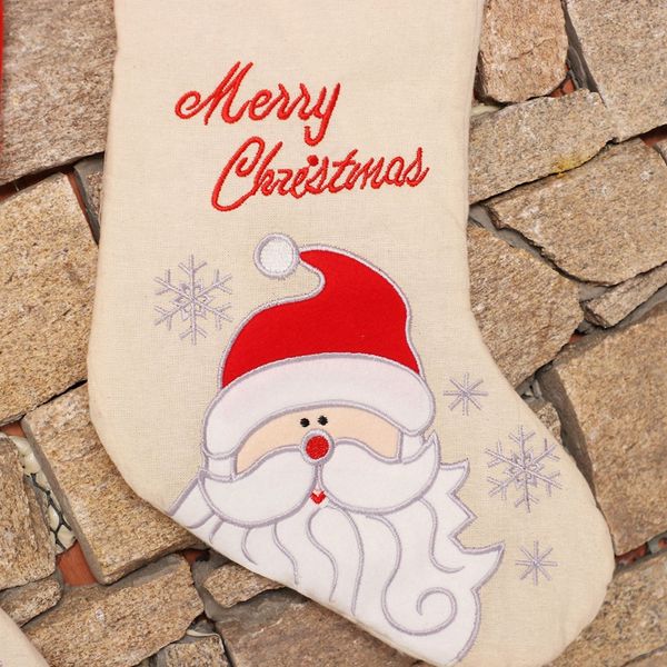 

beau-christmas stockings of santa, snowman, reindeer, xmas character 3d plush linen hanging tag knit border