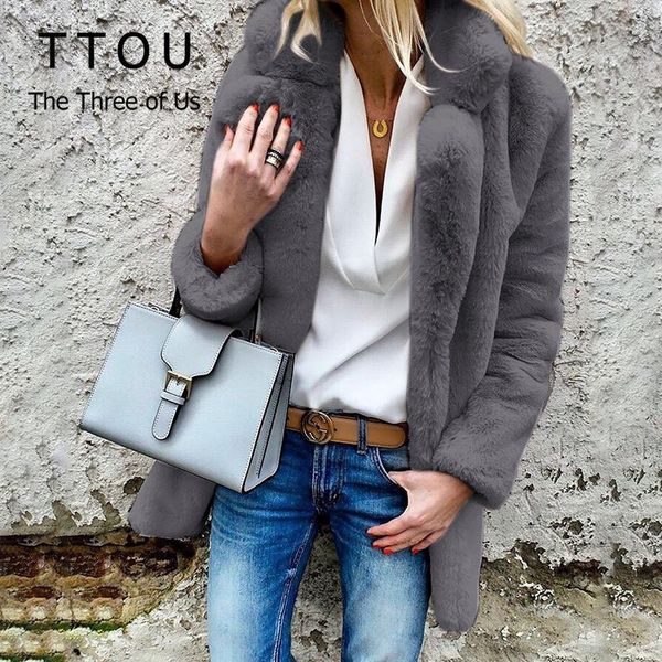 

ttou women winter casual faux fur coat ladies autumn elegant warm soft outwear oversize daily thick jacket new fashion, Black