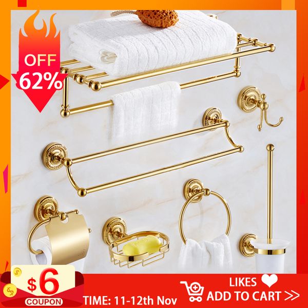 

gold brass bath hardware set bathroom accessories bathroom shelf, soap dish,toilet paper holder,soap dispenser,robe hook kxz009