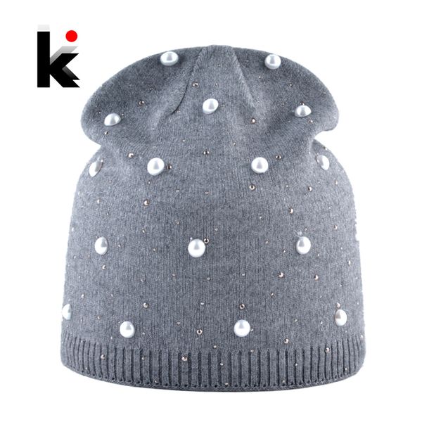

зимний трикотажные beanie женщины мода rhinestone pearls вязание шапки дамы повседневная skullies cap женский сплошной цвет повседневный bon, Blue;gray
