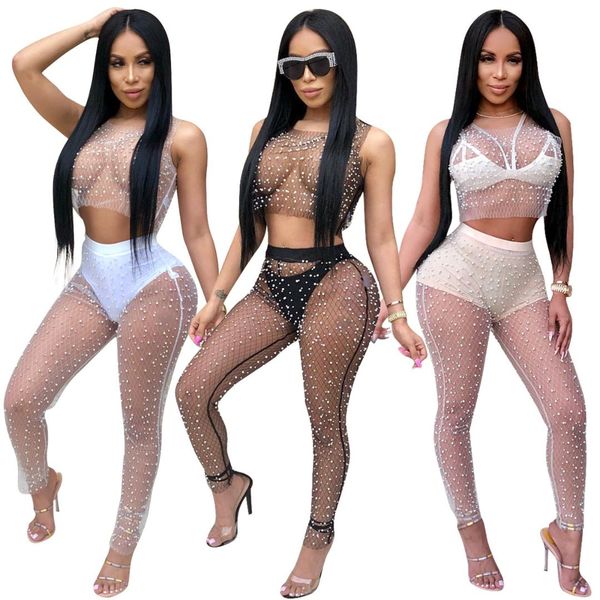 

european and american women explosion models mesh pearl vest cropped pants set (does not contain underwear, White