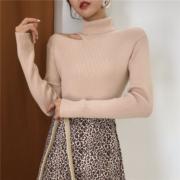

women's sweater 2020 high neck hollow off shoulder pullovers solid color slim bodycon long sleeve spring sweater for woman, White;black
