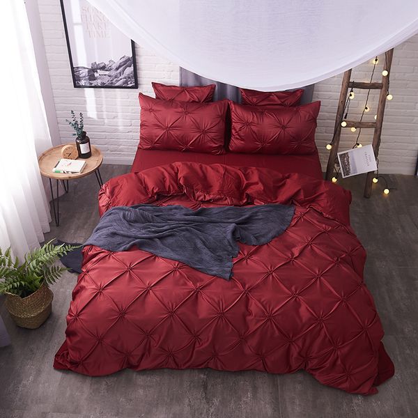 Cotton Imitate Silk Pleated Luxury Bedding Set Red Blue Green
