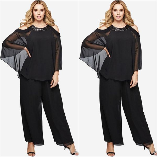 

plus size long sleeves mothers groom dresses black two pieces mother of the bride pant suits sequined wedding guest dress, Black;red