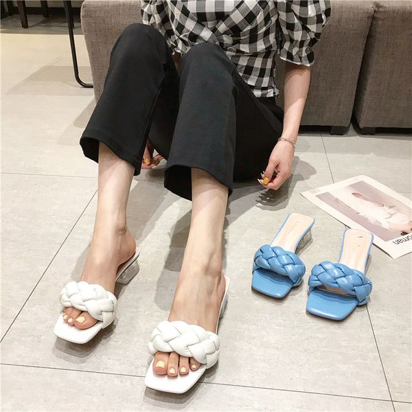 

med square heel shoes woman's slippers luxury slides shose women block 2020 designer pu basic rome fashion rubber fabric hoof, Black