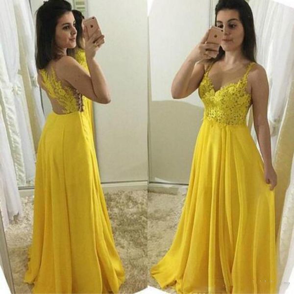

yellow a line prom dresses long spaghetti straps lace appliques full length chiffon formal evening gowns vestidos de fiesta, Black