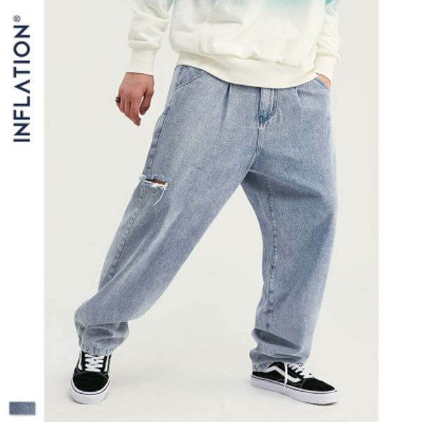 

mens pants inf mens clothing tide brand hip hop tannin wash water handmade hole straight loose jeans haren male 2019 new fashion quality, Blue