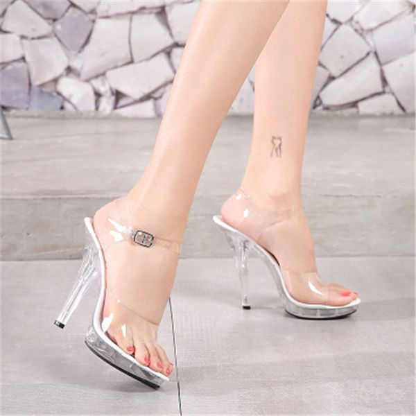 

12 cm high crystal thin heel slippers, summer waterproof platform slip platform sandals, model stage show shoes, Black
